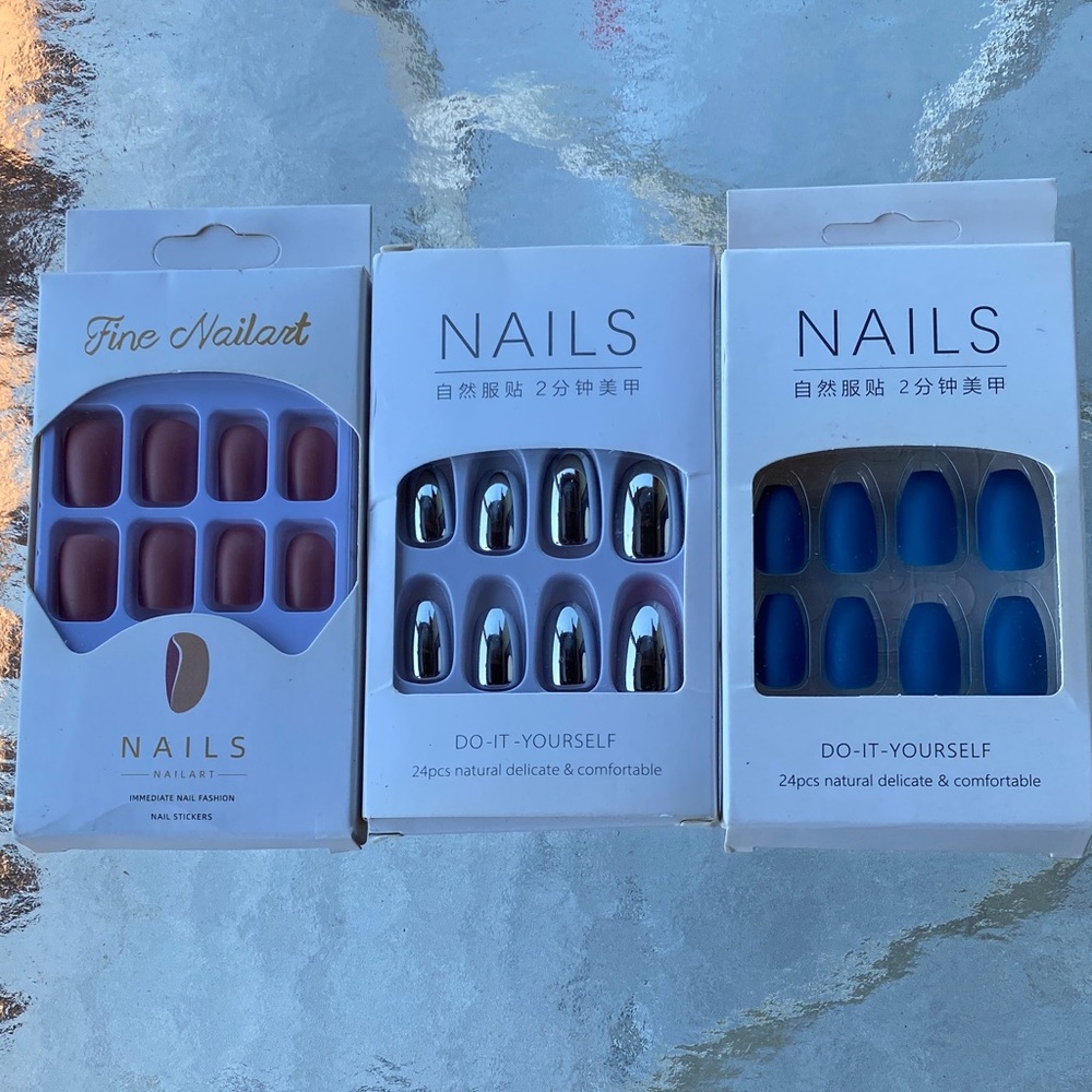 Three Pack Press-On Nails Set — Mauve, Chrome, Royal Blue